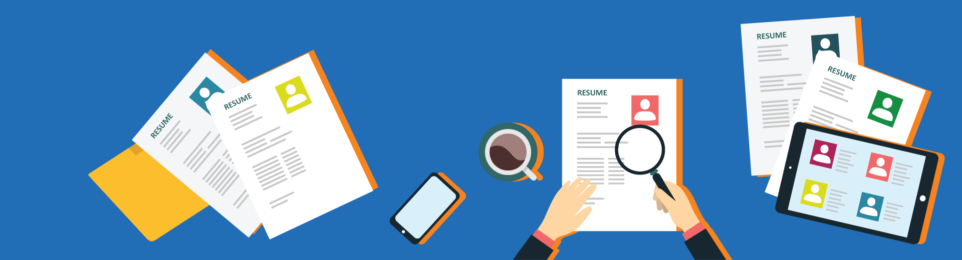 resumes and folders with a person examining a resume